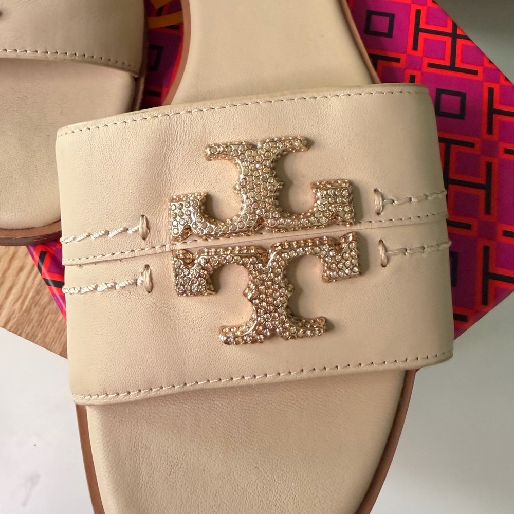 Tory Burch Limited Edition Beige Cream Everly Rhinestone Logo Slide Sandals - Picture 2 of 6